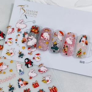 5D Embossed Nail Art Stickers Christmas Rabbit Pattern Self Adhesive 3D Relief Winter Holiday Decor