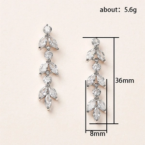 Elegant silver leaf tassel earrings with zircon stones, measuring 36mm in length