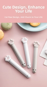 Close-up of cat paw sealing clips in white and grey colors on a soft pink background