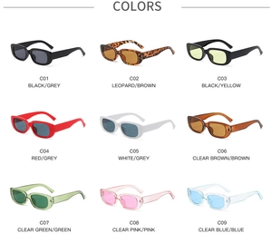 Grid view showcasing 9 trendy colors of vintage rectangular Y2K fashion sunglasses