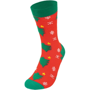 Detail showing red Christmas socks with knitted tree and snowflake patterns