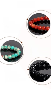 Macro detail of 8mm natural stone beads including agate, turquoise and obsidian bracelets