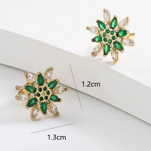 Elegant 18K gold plated flower stud earrings with green marquise and clear zircon stones
