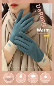 Detail of color-block thermal gloves with touchscreen fingertips and fashion label