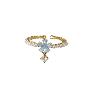 Elegant S925 silver open ring with blue flower petals, white pearls and zircon pendant