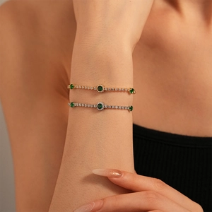 Vintage Luxury Emerald Zircon Tennis Bracelet Round Geometric Copper Jewelry Adjustable Chain Minimalist Style For Women