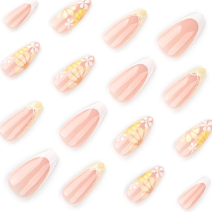 French almond press-on nails with yellow daisies and white bow designs on nude base