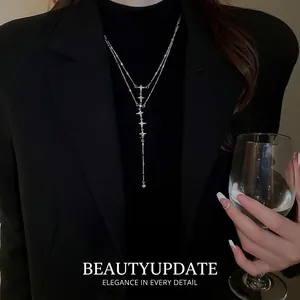 Double Layer Stainless Steel Star Necklace With Rhinestone Y-Shaped Tassel Starburst Pendants Elegant Fashion For Women