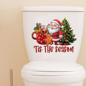 Detail of Christmas toilet tank sticker featuring Santa and 'Tis The Season' text