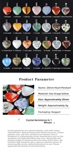 Detailed chart showing 28 types of 20mm heart-shaped natural crystal and agate stone pendants