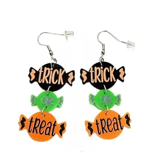 Halloween acrylic trick or treat candy drop earrings in black green and orange colors