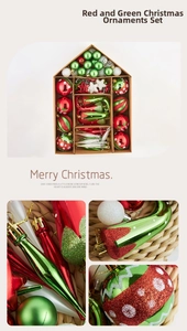 Detail of red and green Christmas ornaments in diverse shapes and glittery textures