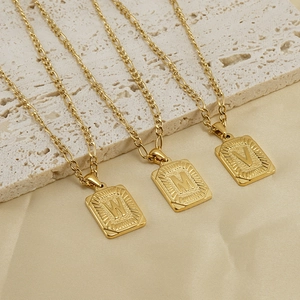 18K gold plated stainless steel Figaro chains with embossed W, M, and V square pendants