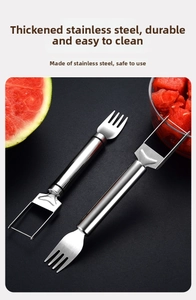 Dual-head stainless steel watermelon cutter showing thick steel texture and cubing blade