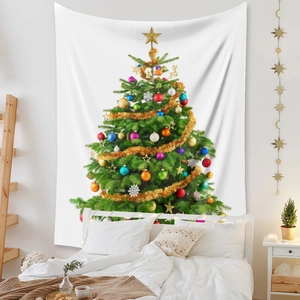 Detailed view of bohemian Christmas tree tapestry hanging on a cozy bedroom wall