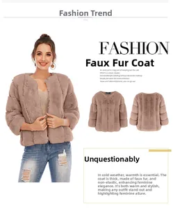 Detail view of brown faux fur jacket showing thick fabric texture and collarless design