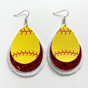 Three-layer softball teardrop leather earrings with red glitter and silver fishhooks