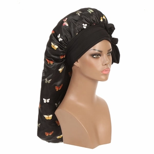 Long black satin bonnet with colorful butterfly print and wide ribbons for hair protection