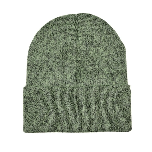 Detailed texture of black and heather green knit beanie with classic folded cuff design