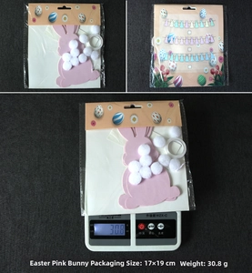 Detailed view of pink bunny Easter banner kit with package size 17x19cm and 30.8g weight