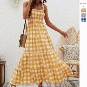 Women Bohemian Gingham Maxi Dress Smocked Bodice Tiered Layered A-Line Summer Vacation Beach Strappy Dress Polyester