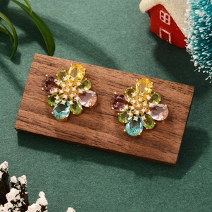Colorful star-shaped flower earrings with multi-color zircon stones and gold accents
