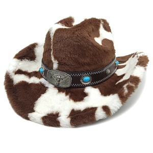 Detail of western cow print felt hat with turquoise studs and silver bull head buckle