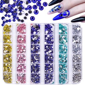 12-grid box of colorful resin flatback rhinestones for DIY nail art and bear crafts