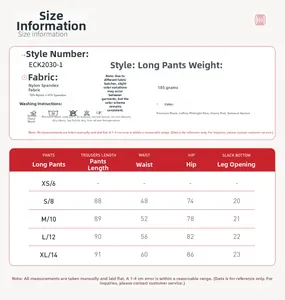 Size guide for yoga leggings showing measurements in centimeters and fabric composition