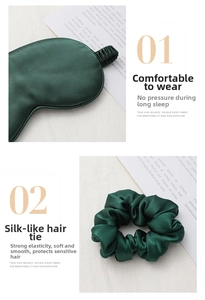 Detail of dark green silk sleep mask and matching scrunchie with soft satin texture