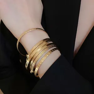 Stackable Metal Bangle Hand Jewelry Engraved Letter Hammered Texture Open Cuff Geometric Design Fashionable For Women