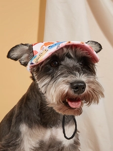 Dettaglio del cappello da sole per cani con stampa a cartoni e cinturino regolabile