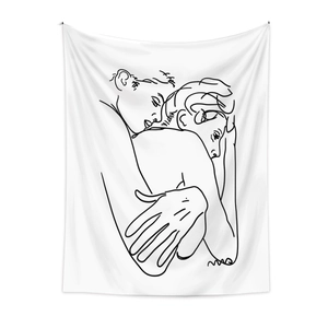 Detail showing minimalist black line art of figures embracing on a white tapestry