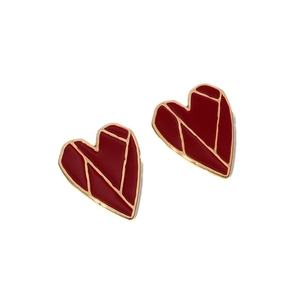 Minimalist 18K gold plated heart stud earrings in burgundy enamel finish for women
