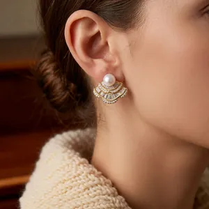 Vintage art deco fan-shaped pearl earrings with cubic zirconia in gold finish