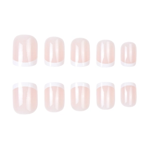 Short nude French press-on nails with white tips and glossy finish set of 10 pieces