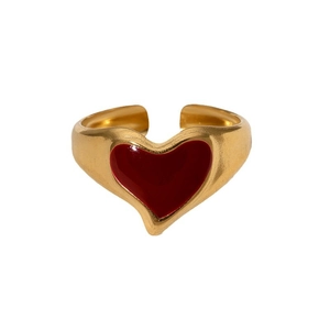 Minimalist gold plated adjustable open ring featuring a vibrant red enamel heart design