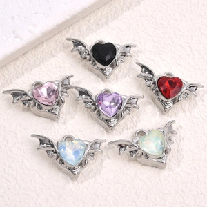 Gothic bat wing heart crystal charms in various colors including black, red and purple