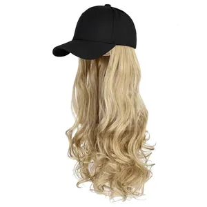 Long wavy blonde hair wig attached to a black baseball cap from a 45-degree angle