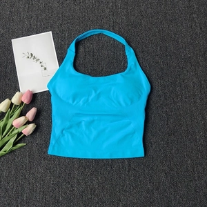 Cyan blue halter neck sports bra with seamless knit texture and ribbed hem detail