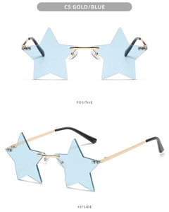 Detailed views of gold star-shaped sunglasses with blue lenses from front and side angles