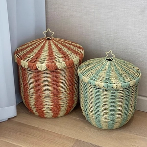Circus Tent Woven Storage Basket With Lid Paper Cord Steel Frame Striped Laundry Toy Organizer Kids Decor