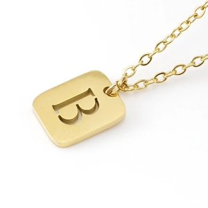 Gold plated stainless steel necklace featuring a square pendant with letter B cut-out