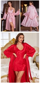 Detail of satin silk leopard pattern robe and camisole sleepwear set in pink and red