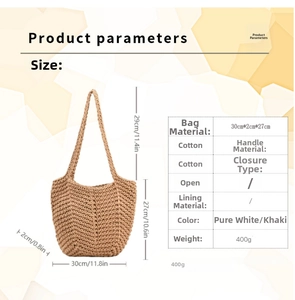 Detailed size chart for handmade cotton thread straw tote with large capacity and V-texture