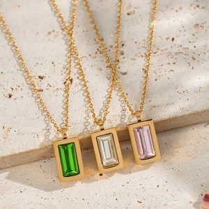 Elegant gold plated necklaces with rectangular green, white and pink zircon pendants