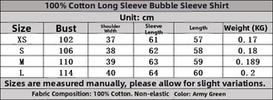 Detailed size chart for women's cotton poplin shirt including bust, sleeve, and length info