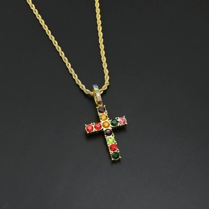 Hip hop gold cross necklace with colorful rhinestones on a twisted rope chain