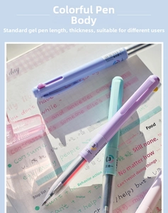 Close-up of pastel 3-in-1 multi-color gel pens on a notebook with handwriting