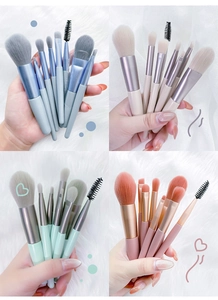 Close-up of portable 8-piece mini makeup brush sets in blue, white, green, and pink colors